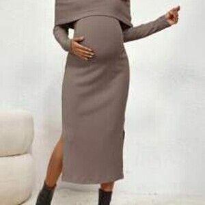 SHEIN Maternity Casual Solid Color Off The Shoulder Side Slit Long Dress, Autum…